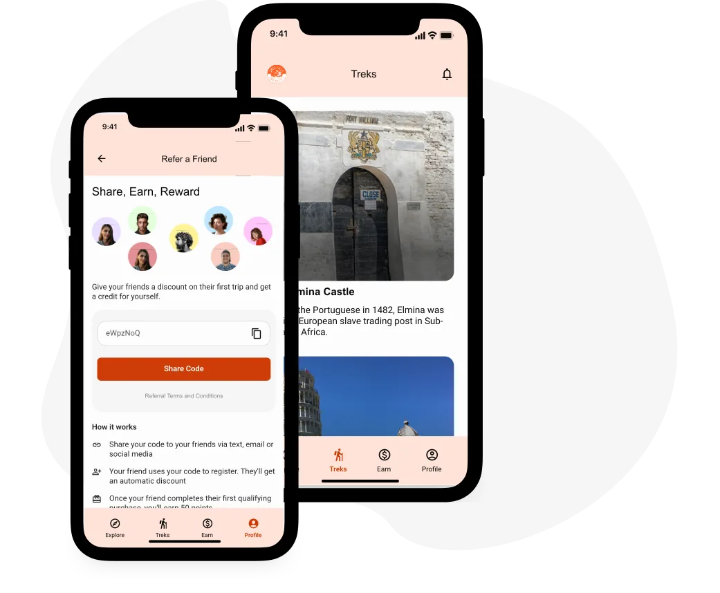 Trekmara app screens showing referral rewards and the Treks feed