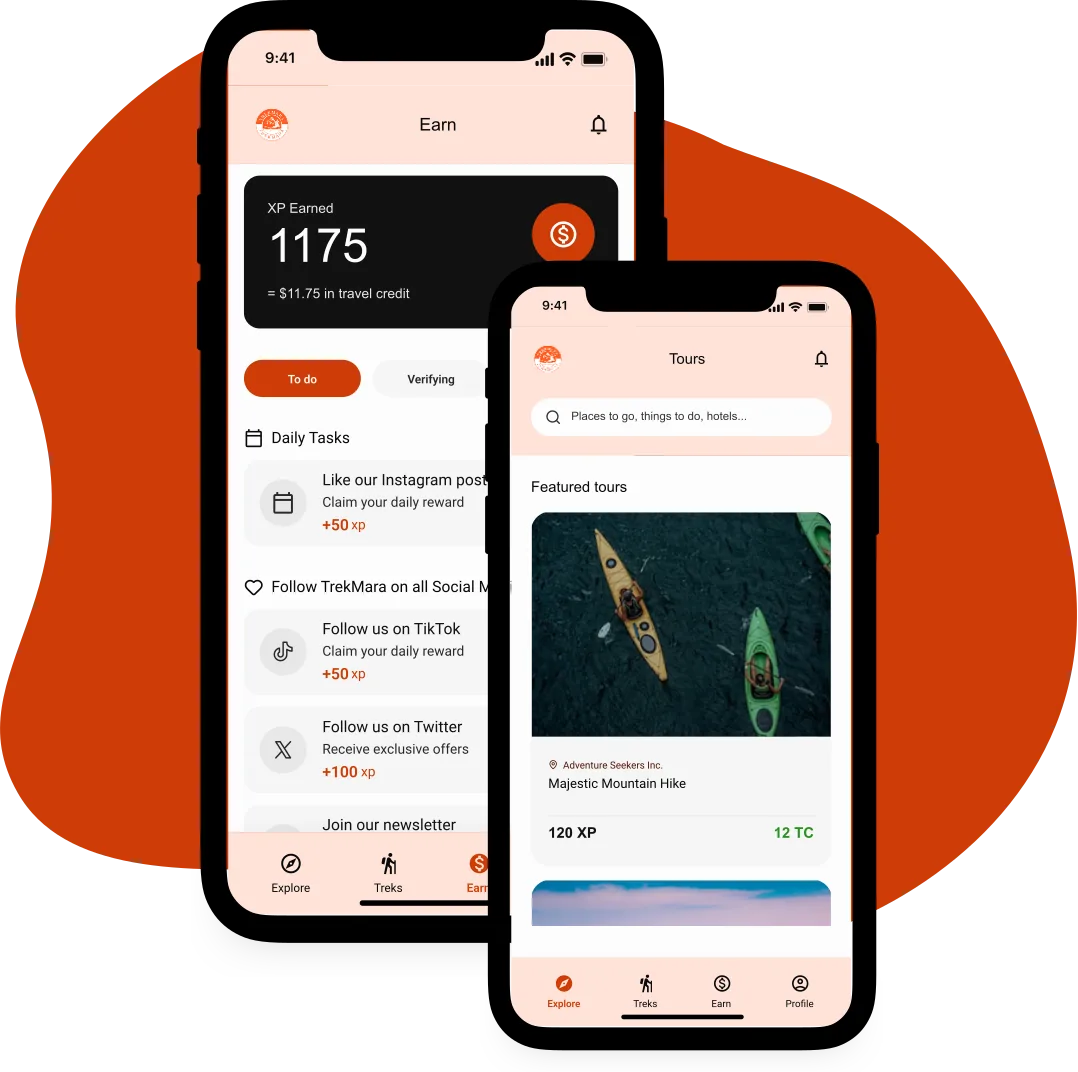 Trekmara app screens showing the Earn dashboard and featured tours