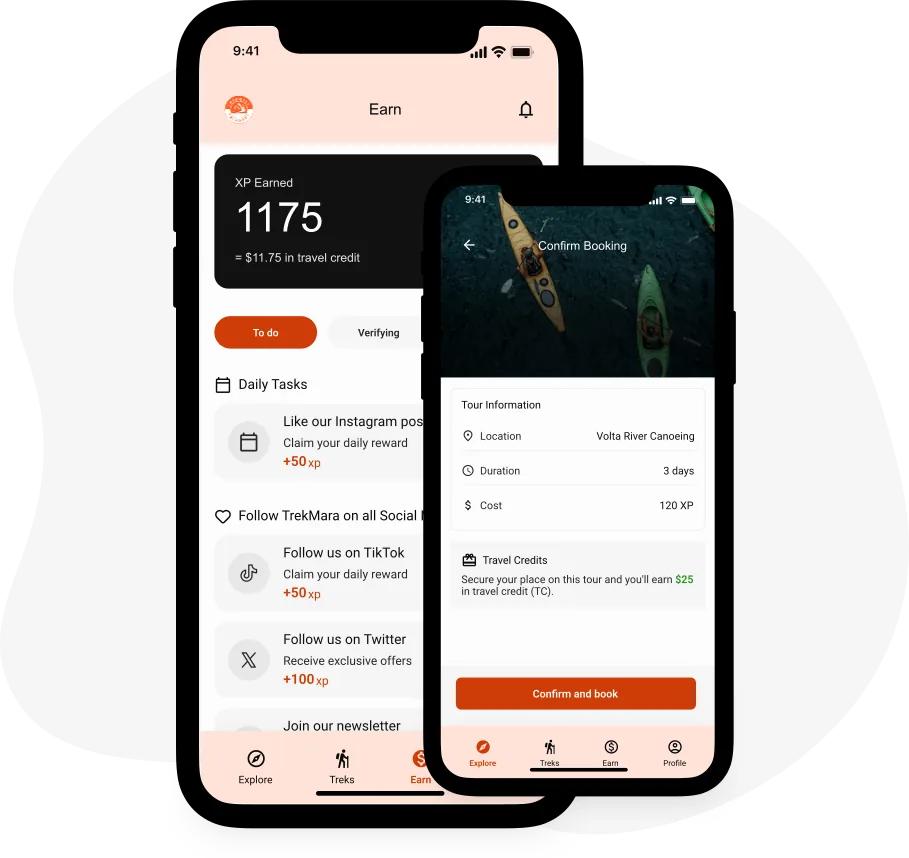Trekmara app screens showing a Travel Credits balance